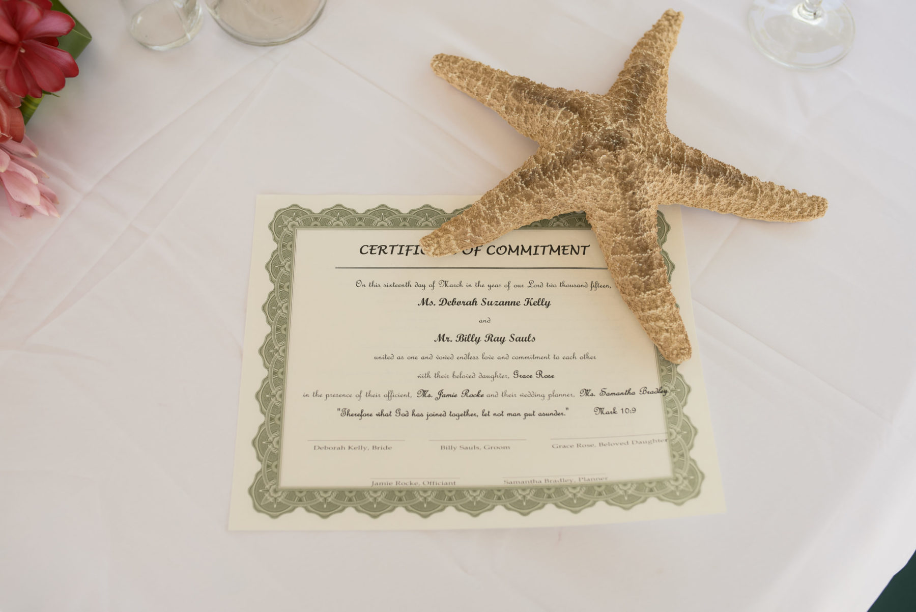 Certificate of commitment, Starfish Island Wedding, Belize